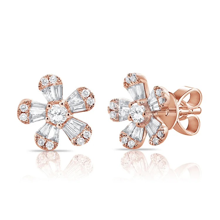 Personalized Birthstone Earrings For Gifts-14K Rose Gold Diamond Flower Stud Earrings (Small)