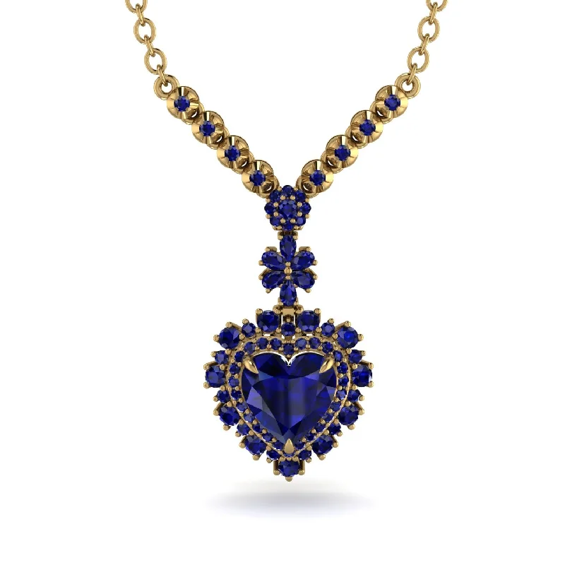 Elegant Heart Shaped Necklaces For Romantic Fashion-Heart Sapphire Royal Vintage Gold Necklace - Gia No. 73