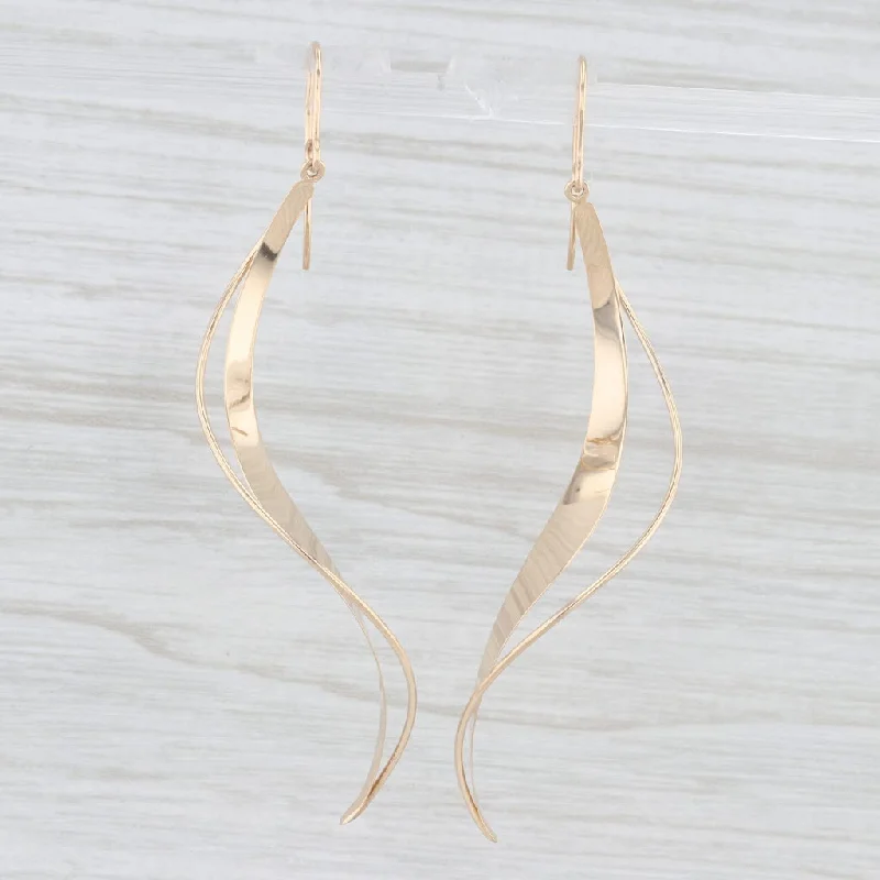 Gold Dangle Earrings For Party Wear-Dangle Swirl Earrings 14k Yellow Gold Hook Posts