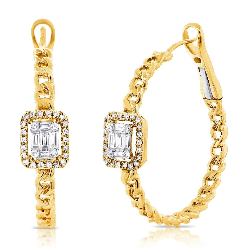 Beautiful Gold Earrings For Special Occasions-14K Yellow Gold Baguette Diamond Curb Link Hoop Earrings