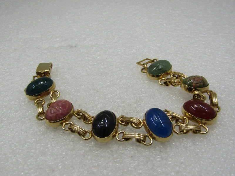 Bracelets With Filigree Work-Vintage Egyptian Scarab Double Row Bracelet, 7", 10kt G.F.