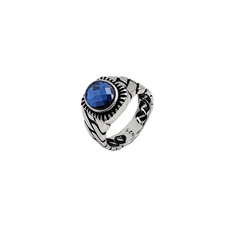 Fashionable Cocktail Rings For Special Events-Blue Zirconia Antique Finish Cuban Ring (Silver)