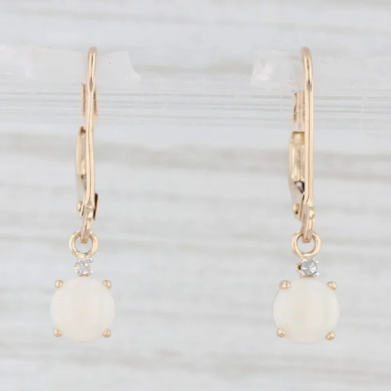 Sleek Hoop Earrings For Stylish Look-Round Cabochon Opal Dangle Earrings 14k Yellow Gold Lever Backs