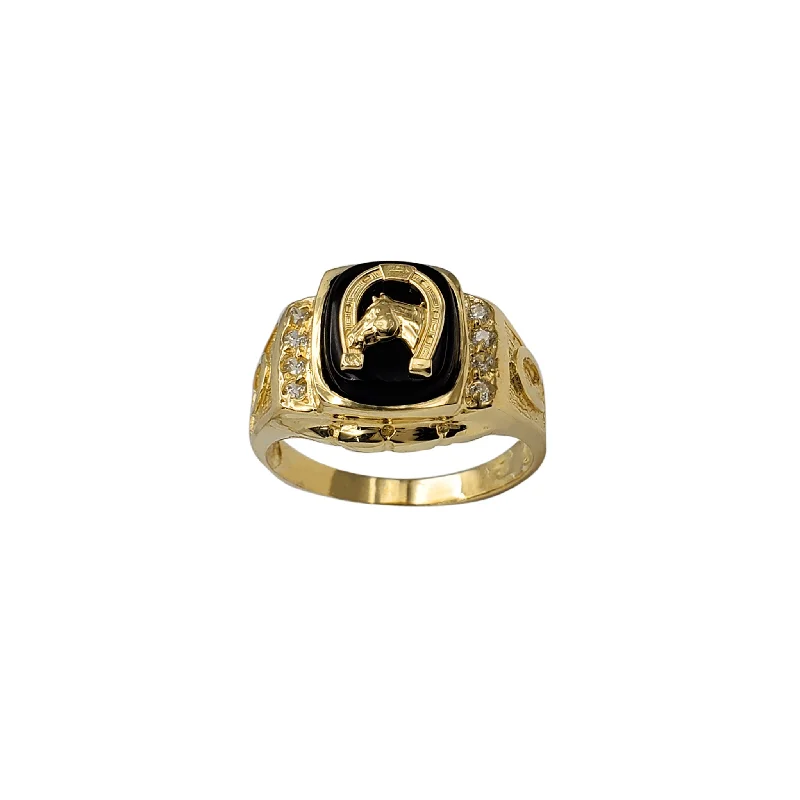 Personalized Gold Wedding Rings For Couples-Black Onyx Horsehead & Horseshoe Men's Ring (14K)