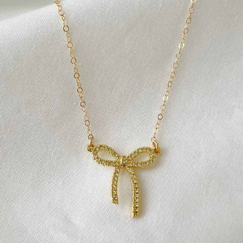 Custom Birthstone Pendant Necklaces For Bridesmaids-Bow Ribbon Sparkle Gold Filled Necklace