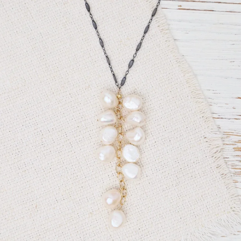 Statement Pearl Necklaces For Wedding Fashion-Waterfall Pearl Necklace Oxidized Sterling Silver Necklace