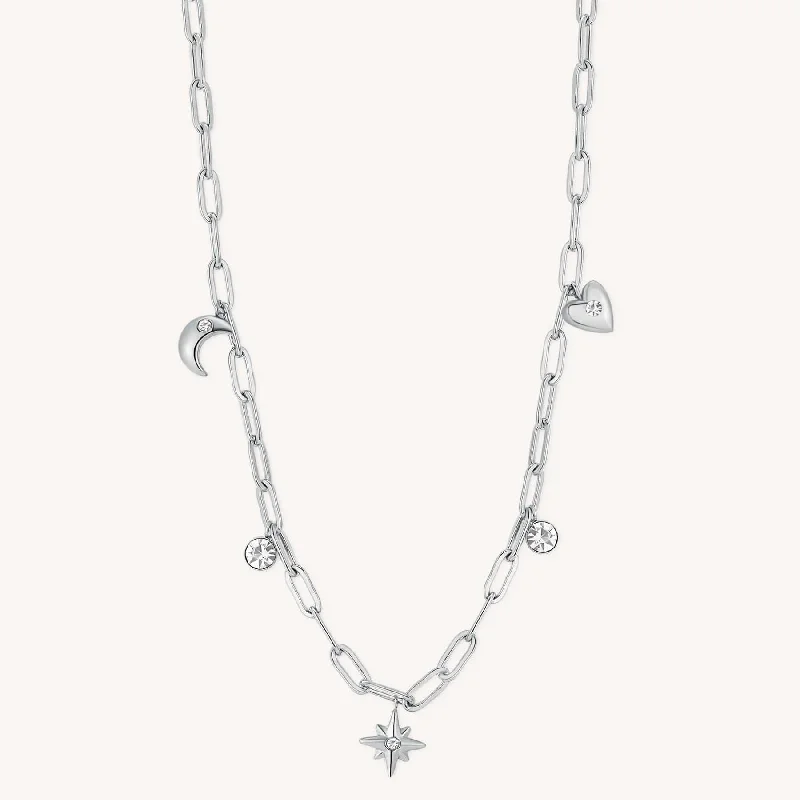 Simple Gemstone Necklaces For Elegant Look-Stainless Steel Link Chain Necklace with Moon, Star & Heart Charms & Crystals