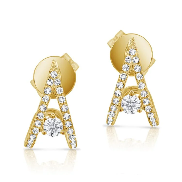 Personalized Initial Earrings For Custom Gifts-14K Yellow Gold Diamond "V" Style Huggie Earring