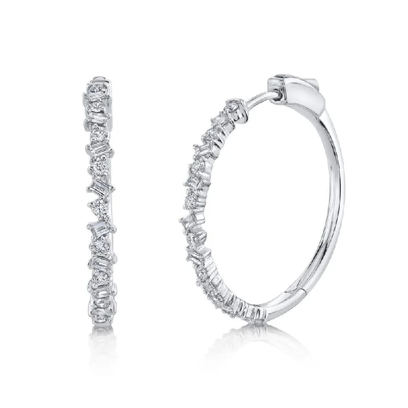 Beautiful Dangle Earrings For Formal Occasions-14K White Gold Round+Baguette Diamond Hoop Earrings