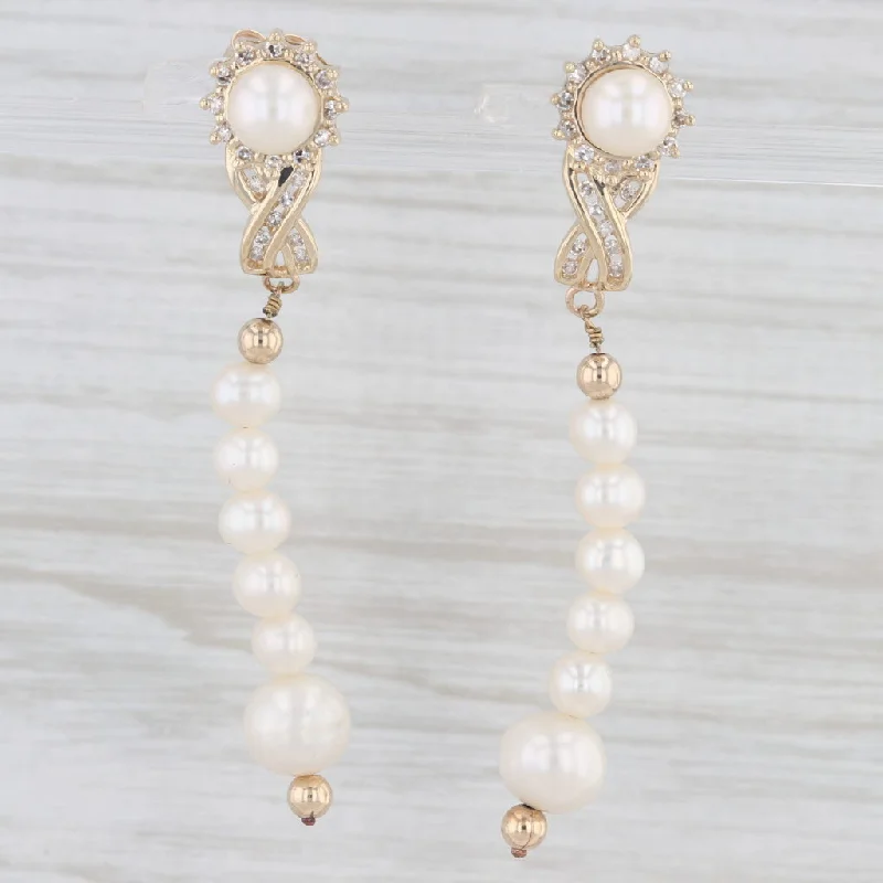 Pearl And Diamond Earrings For Special Days-Cultured Pearl Diamond Drop Earrings 14k Yellow Gold Dangles