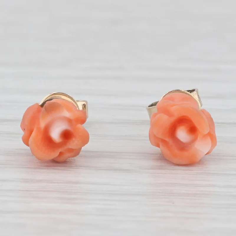 Sleek Silver Earrings For Daily Wear-Carved Coral Rose Stud Earrings 14k Yellow Gold