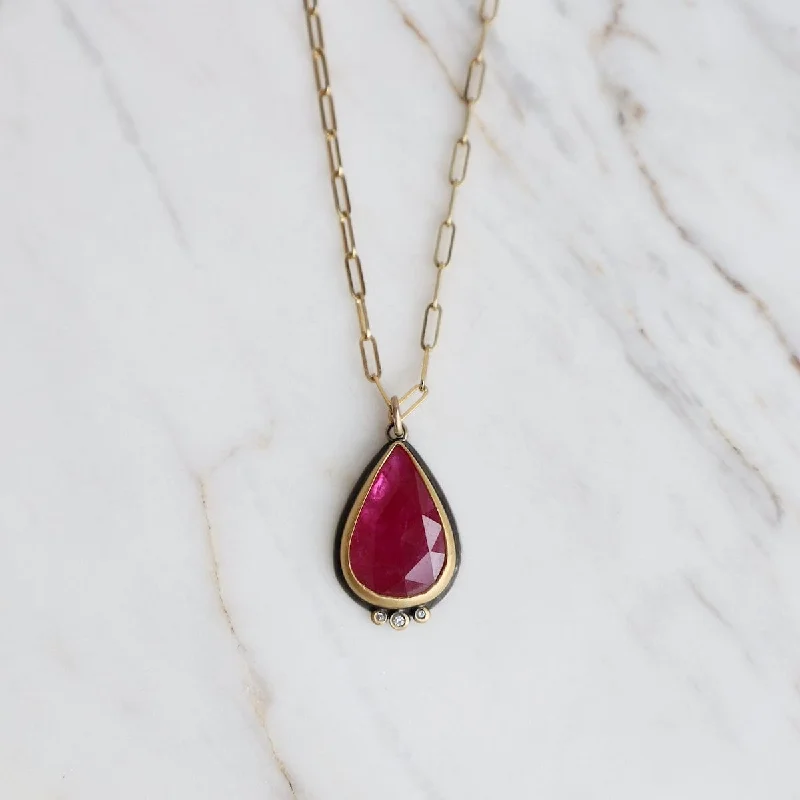 Dainty Crystal Necklaces For Casual Chic-22k Bezel set Rosecut Teardrop Ruby Necklace with 3 Diamonds