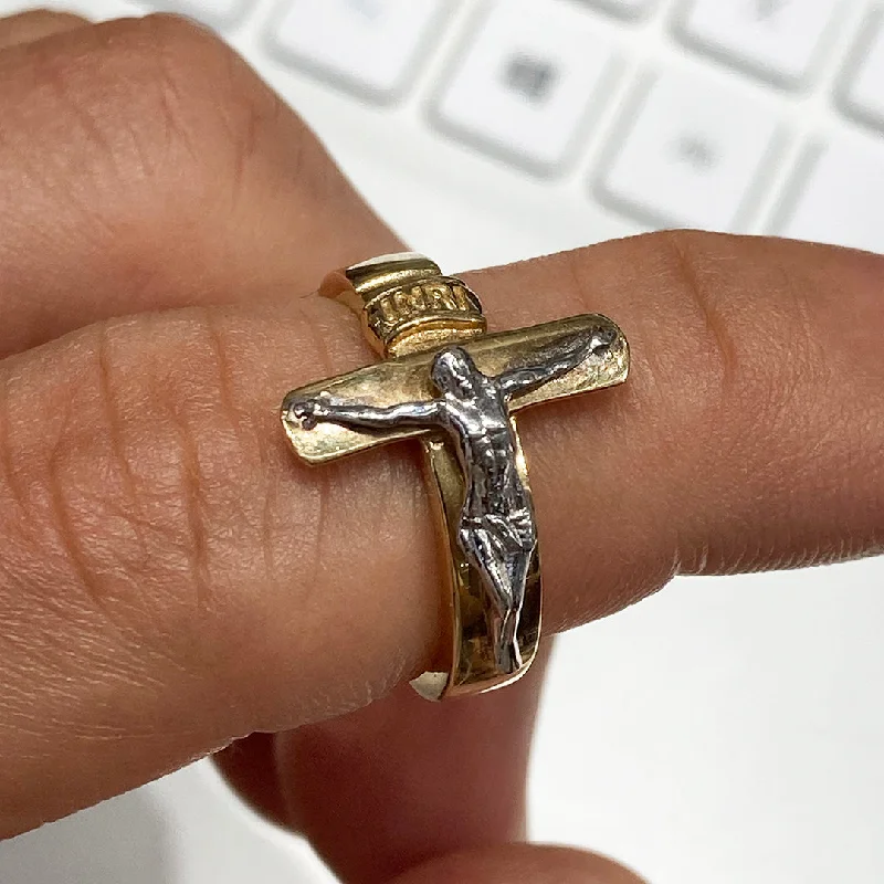 Bold Vintage Rings For Retro Lovers-Two-Tone Crucifix Ring (14K)