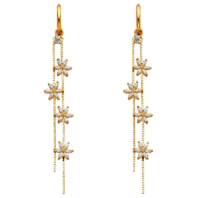 Affordable Earrings For Everyday Use-14K Gold CZ Flower Hanging Earrings