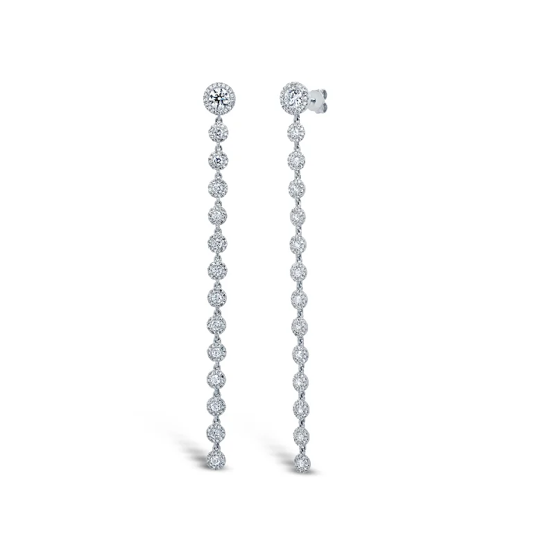 Chic Modern Earrings For Young Women-14K White Gold Diamond Long Halo Drop Earrings