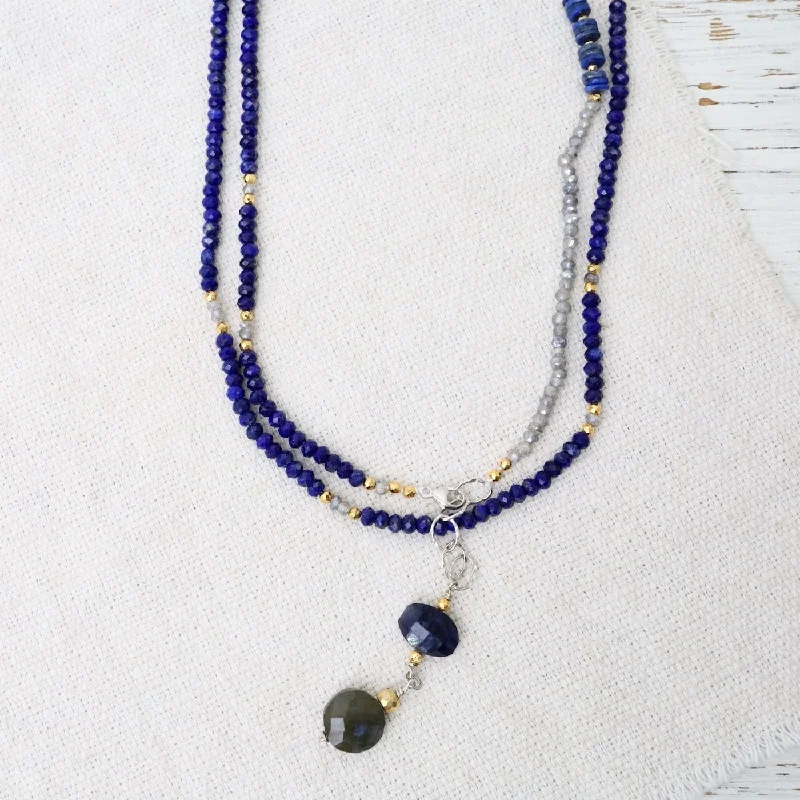 Custom Long Gold Necklaces For Unique Gifts-Lapis and Labradorite Wrap Around Necklace