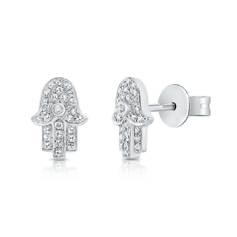 Modern Drop Earrings For Work Style-14K White Gold Diamond Hand of God Stud Earrings