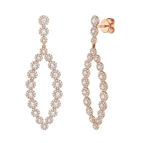 Crystal Earrings For Elegant Style-14K Rose Gold Diamond Halo Marquise Shaped Dangle Earrings