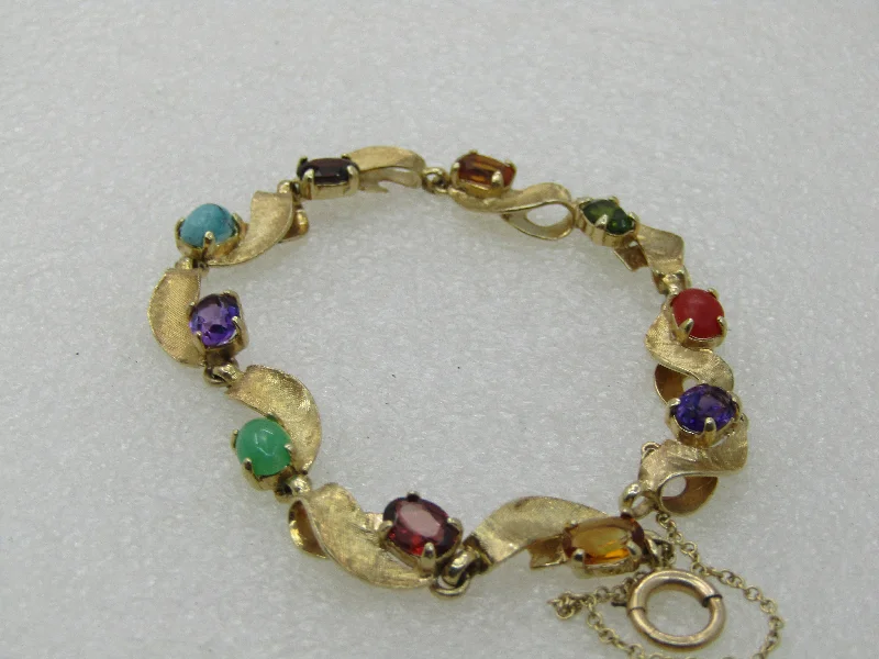 Bracelets In Antique Style-Vintage 14kt Mixed Gemstone Leaf Bracelet,  7", Safety Chain