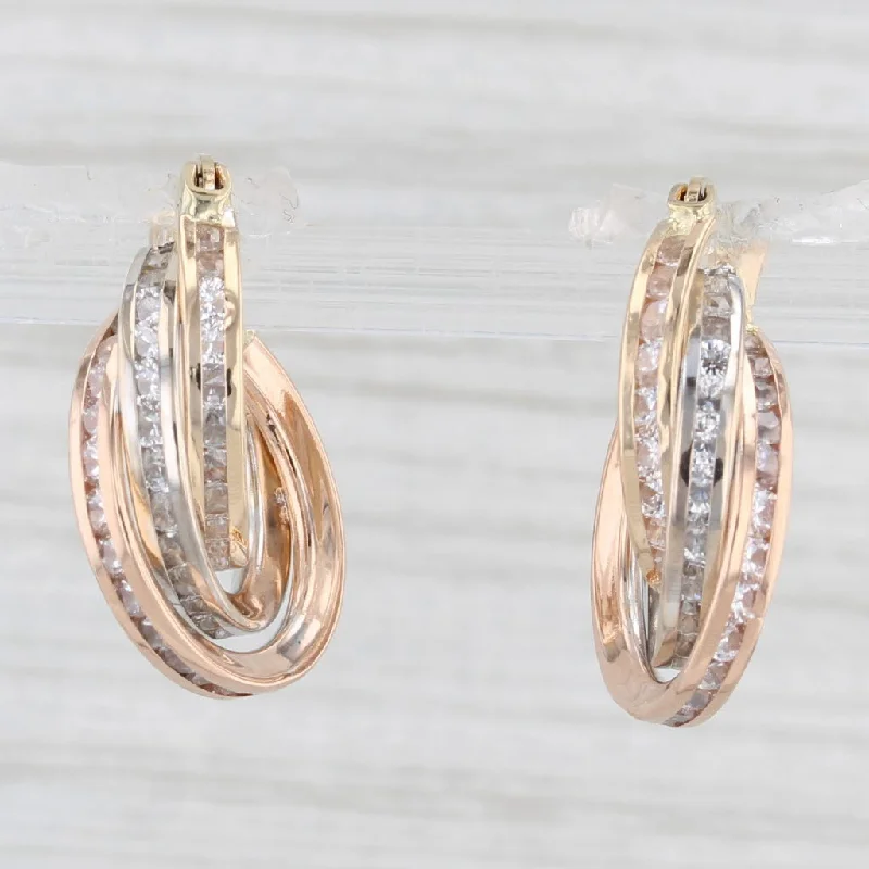 Chic Gold Earrings For Classy Looks-Simulated Diamond Tri-Toned Hoop Earrings 18k Yellow White Rose Gold Round Hoops