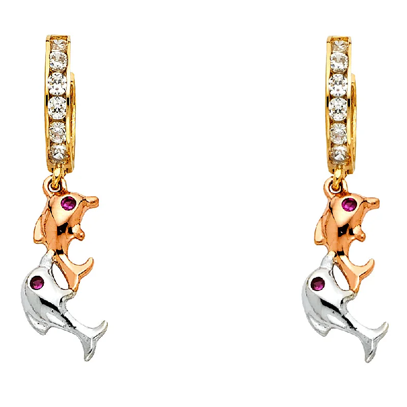 Stunning Drop Earrings For Evening Party-14K Tri-Color Gold CZ Dolphin Hanging Earrings