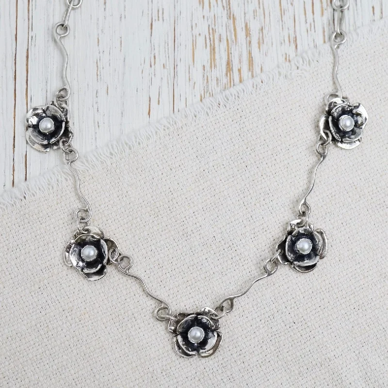 Vintage Style Necklaces For Retro Looks-Five Mini Double Dogwood Flowers with Pearl Center Necklace