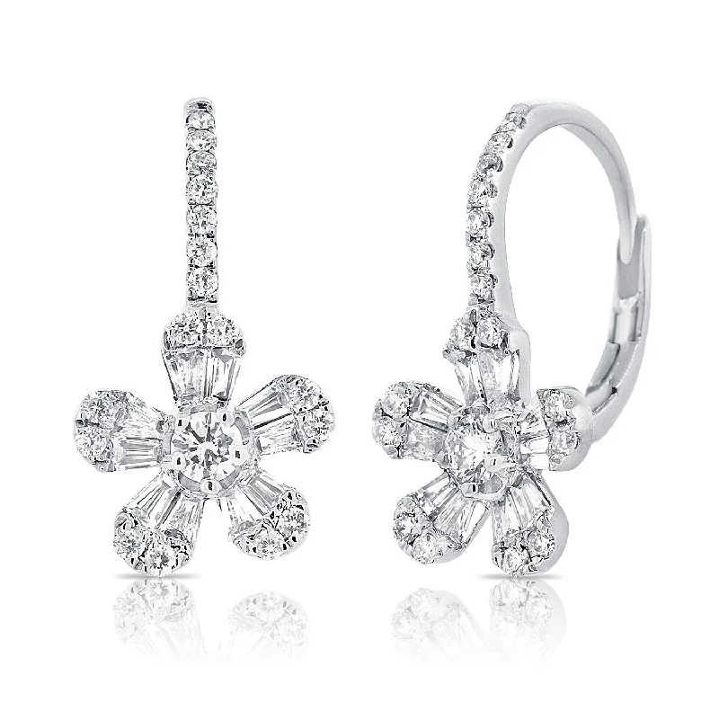 Gemstone Earrings For Unique Vibes-14K White Gold Diamond Baguette Drop Flower Earrings