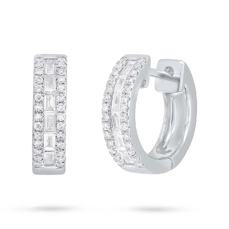 Stylish Chain Earrings For Casual Wear-14K White Gold Baguette Diamond Huggie Earrings