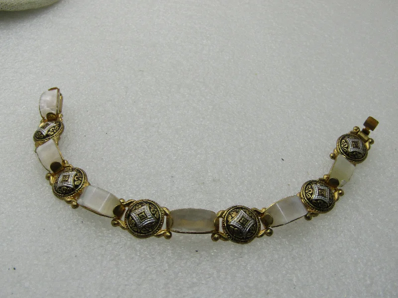 Bracelets For Everyday Wear-Vintage Damascene Mother-of-Pearl Bracelet, 7", 6.5-11mm wide