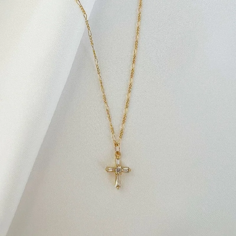 Statement Pearl Necklaces For Wedding Fashion-Petite CZ Cross Pendant Necklace Gold Filled