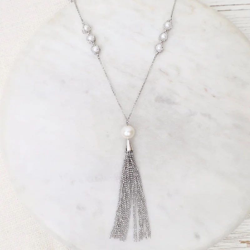 Personalized Heart Necklaces For Romantic Gifts-Captured Pearl Stations with Tassel Necklace