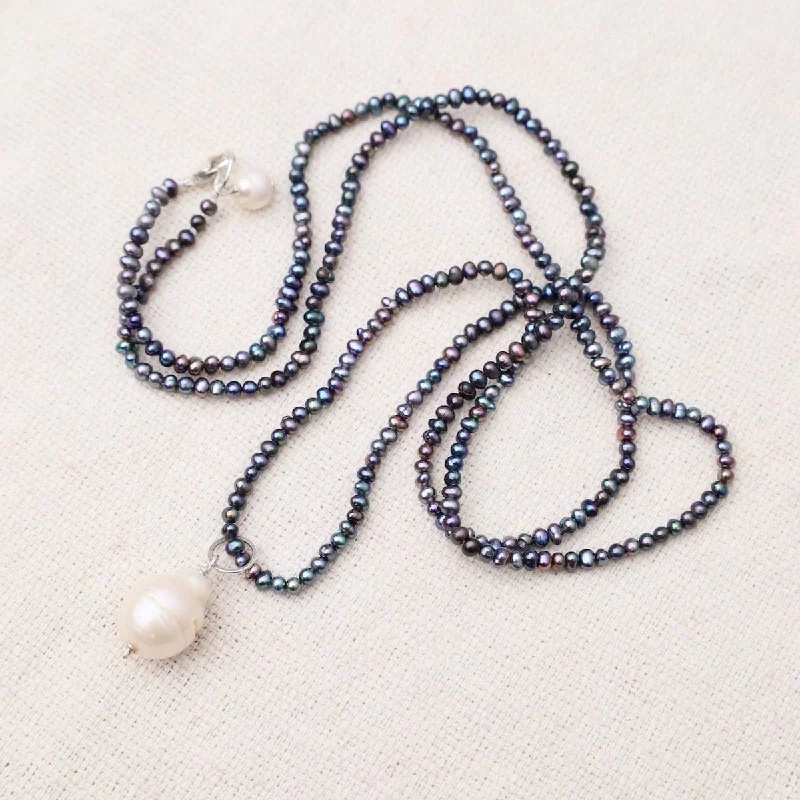 Simple Silver Chain Necklaces For Everyday Glam-Grey Pearl with White Pearl Drop Long Necklace