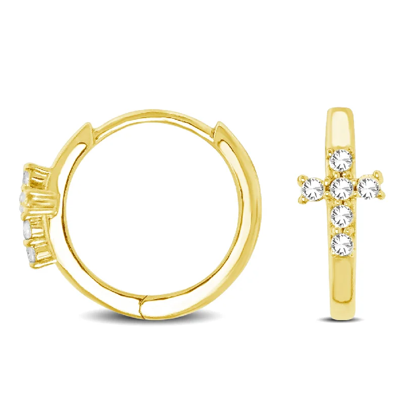 Elegant Gold Drop Earrings For Weddings-10K Yellow Gold 1/8 Ctw Diamond Cross Hoop Earrings