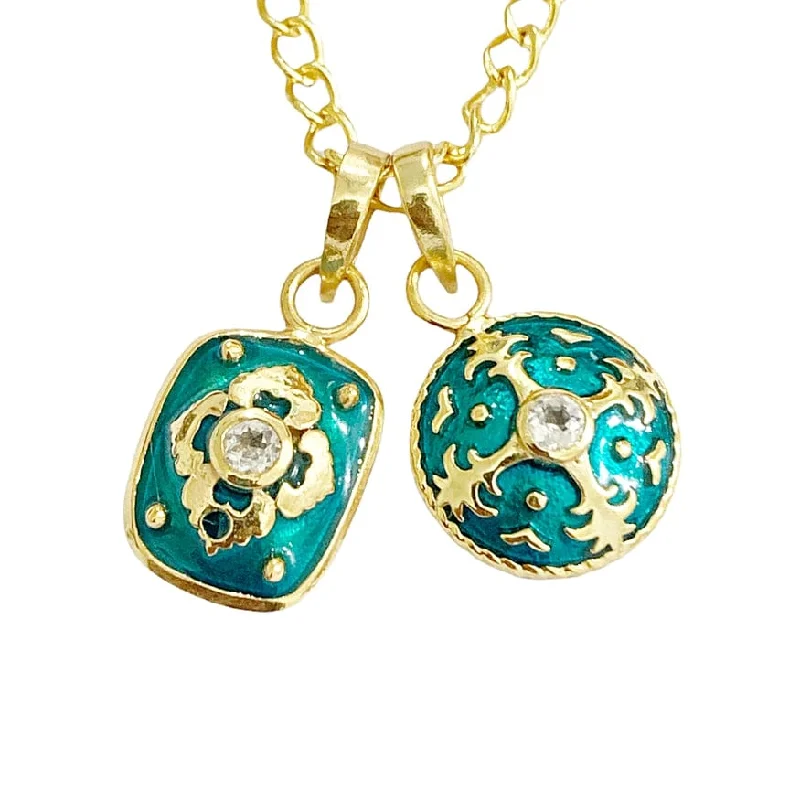 Trendy Beaded Necklaces For Summer Vibes-Set of 2 Teal Enamel CZ Pendant Necklace