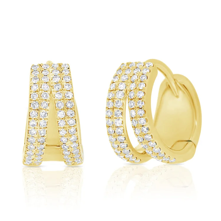 Elegant Gold Earrings For Evening Wear-14K Yellow Gold Diamond Double Row Split Huggie Earrings