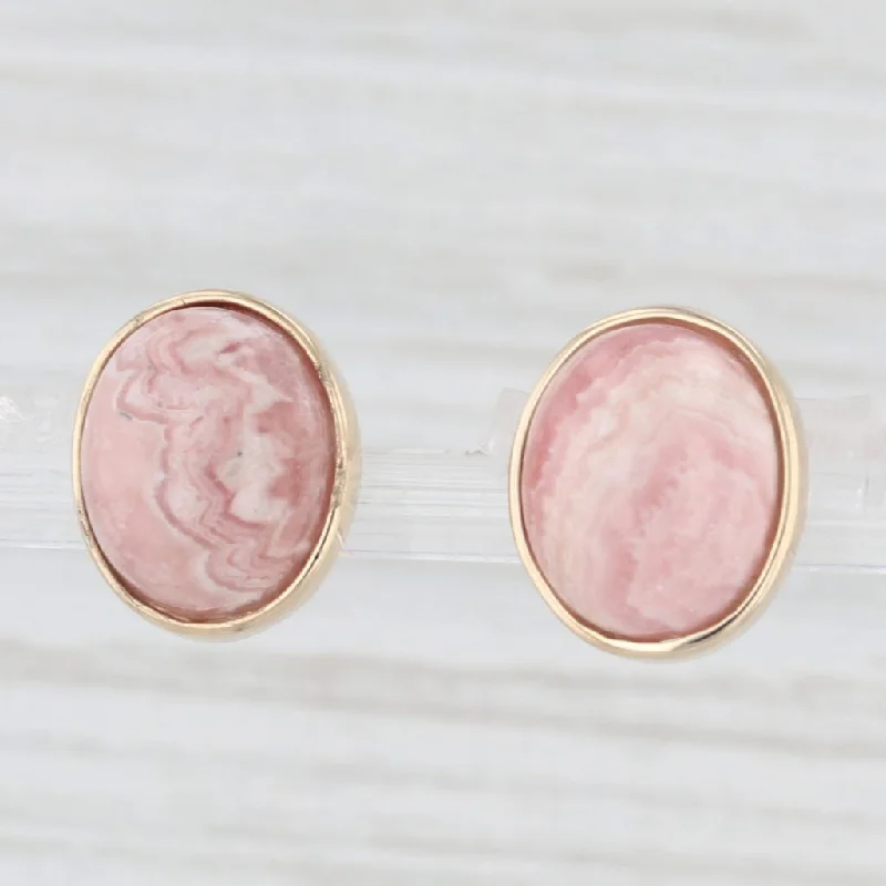 Vibrant Earrings For Festival Fashion-Marbled Red Rhodocrosite Oval Cabochon Stud Earrings 14k Yellow Gold