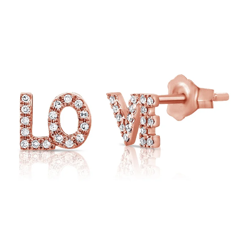 Personalized Earrings With Initials-14K Rose Gold Diamond "Love" Stud Earrings