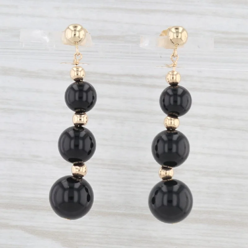 Modern Earrings For Urban Fashion-Onyx Bead Dangle Earrings 14k Yellow Gold Pierced 3-Stone Drops