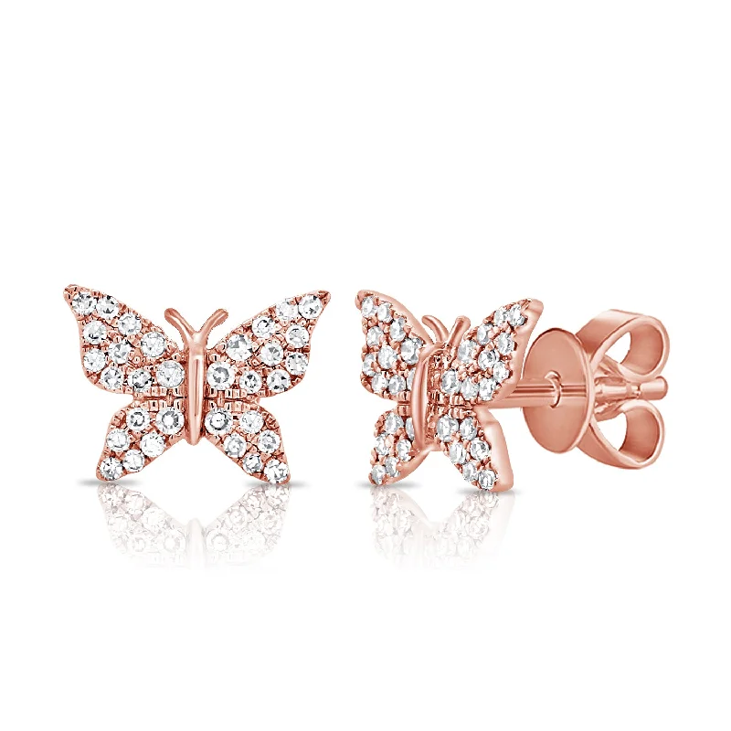 Personalized Dangle Earrings For Special Gifts-14K Rose Gold Diamond Pave Butterfly Stud Earrings