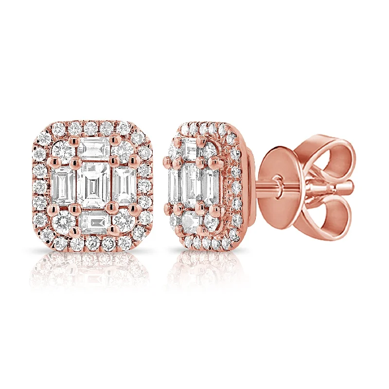 Statement Earrings For Holiday Fashion-14K Rose Gold Diamond Cluster Square Earrings