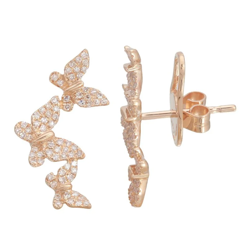 Elegant Drop Earrings For Weddings-14K Rose Gold Triple Butterfly Diamond Earrings