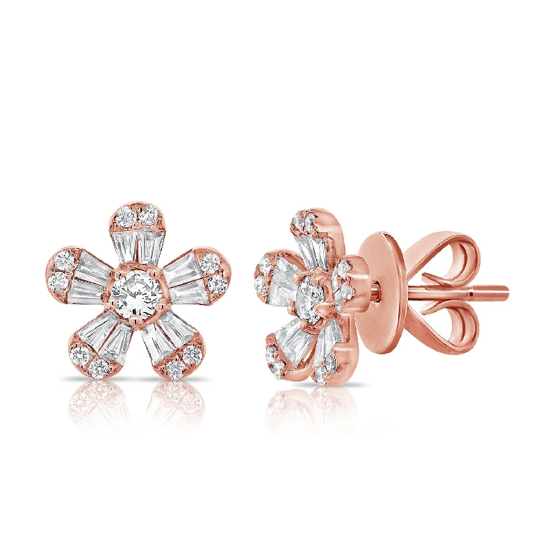 Cute Flower Earrings For Summer-14K Rose Gold Diamond Flower Earrings