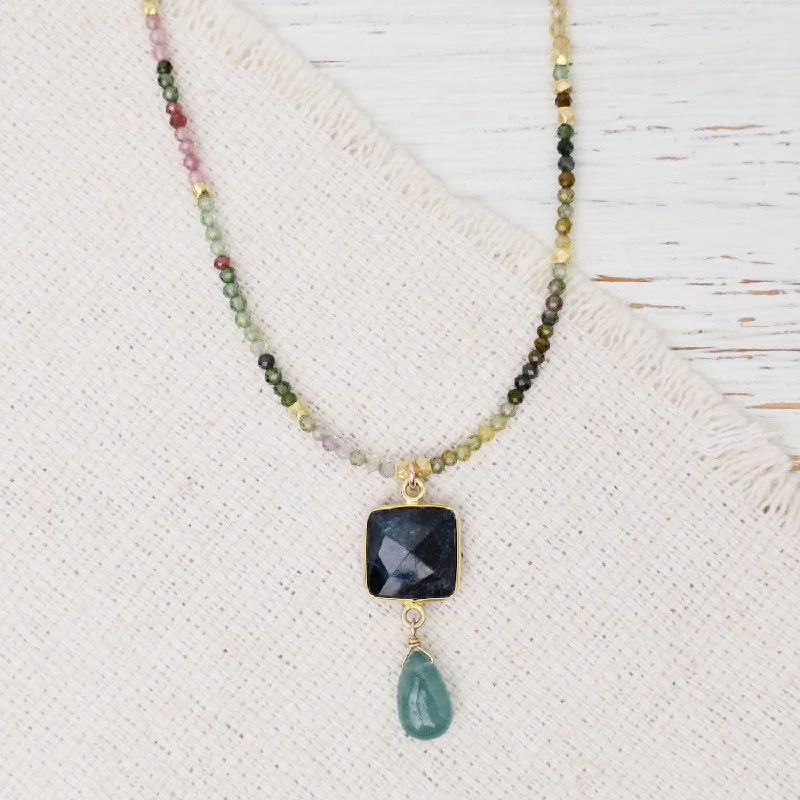 Custom Bar Necklace For Personalized Jewelry-Square Indigo Kyanite, Grandidierite, Tourmaline Necklace