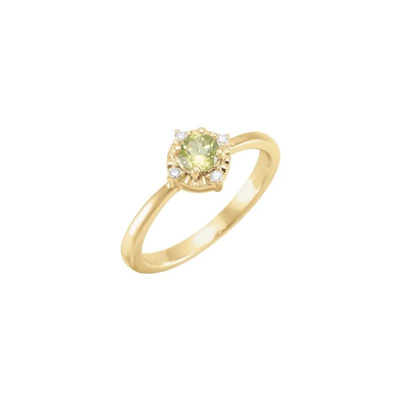 Personalized Promise Rings For Couples-Natural Peridot and White Diamond Halo-Style Ring