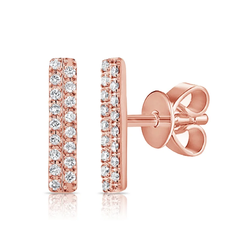 Simple Drop Earrings For Easy Wear-14K Rose Gold Diamond Double Row Stick Earrings