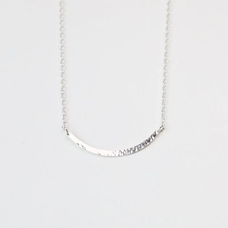 Classic Crystal Necklace For Bridal Jewelry-Sterling Silver Hammered Curved Bar Necklace