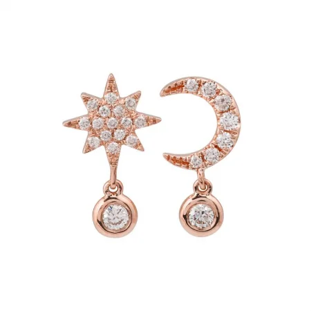 Chic Vintage Earrings For Everyday Wear-14k Rose Gold Moon & Star Diamond Stud Earrings