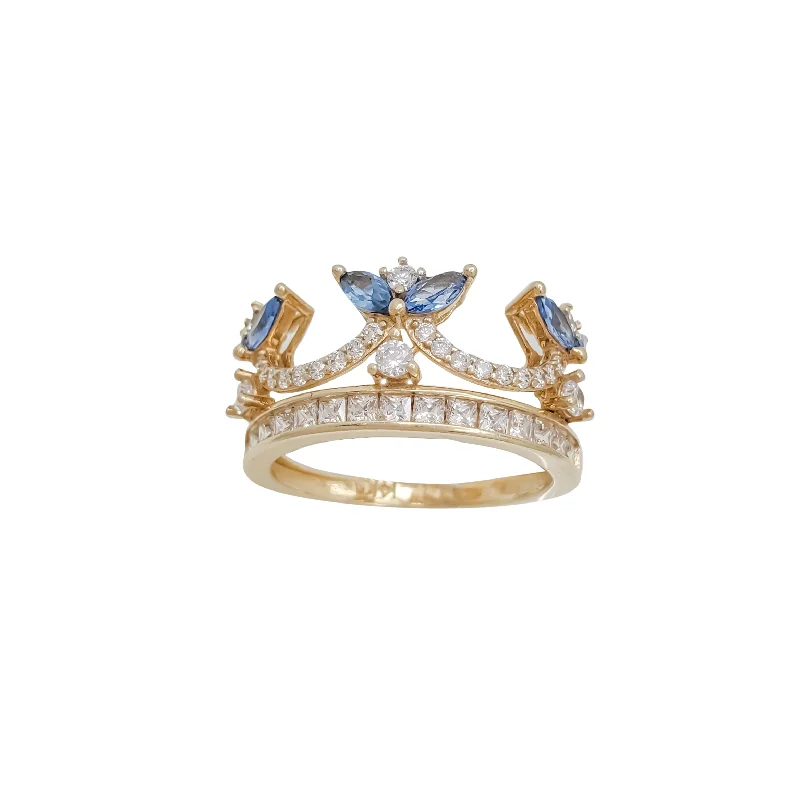 Beautiful Solitaire Rings For Engagement-White & Blue Zirconia Crown Ring (14K)