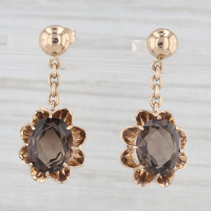 Elegant Dangle Earrings For Bridal Look-5ctw Smoky Quartz Dangle Flower Earrings 14k Yellow Gold Belcher Setting Drops