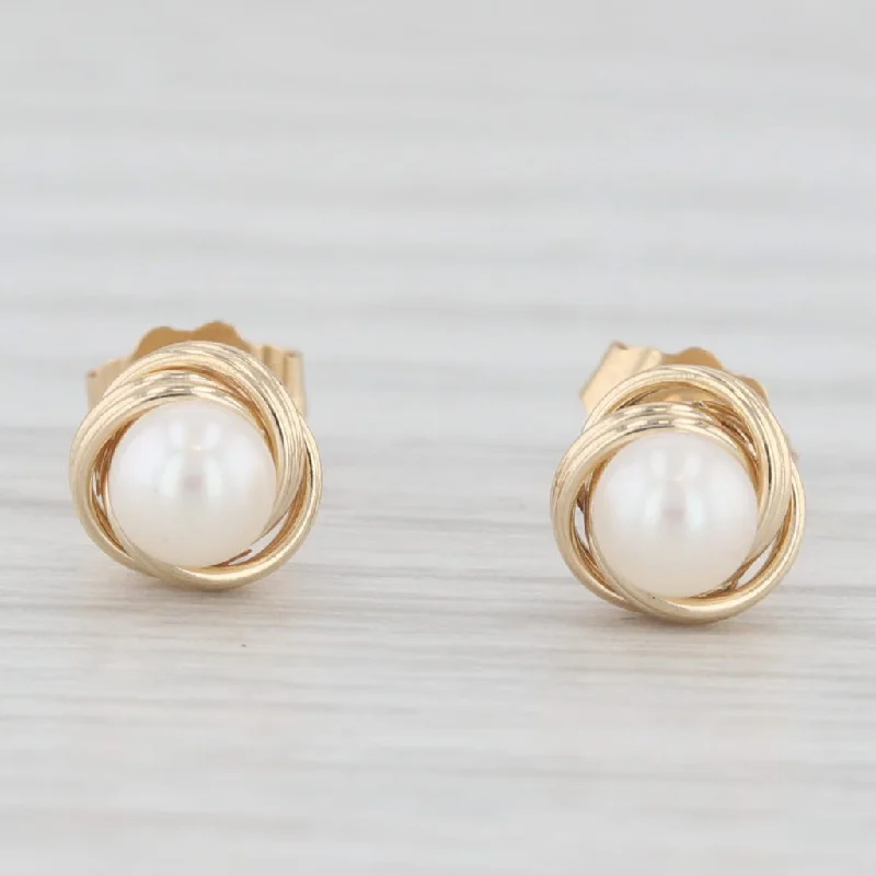 Gold Earrings For Women Of All Ages-Round White Cultured Pearl Knot Stud Earrings 14k Yellow Gold